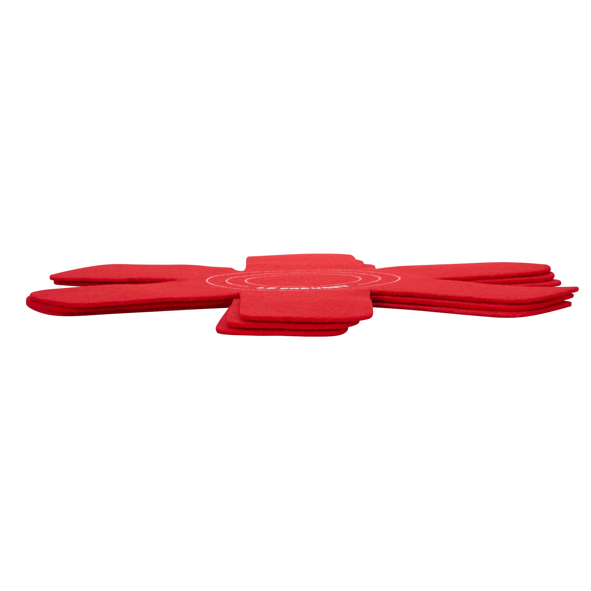 Le Creuset Cerise felt protectors cut to fit smaller cookware to prevent fraying.