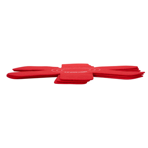 Le Creuset Cerise felt protectors cut to fit smaller cookware to prevent fraying.