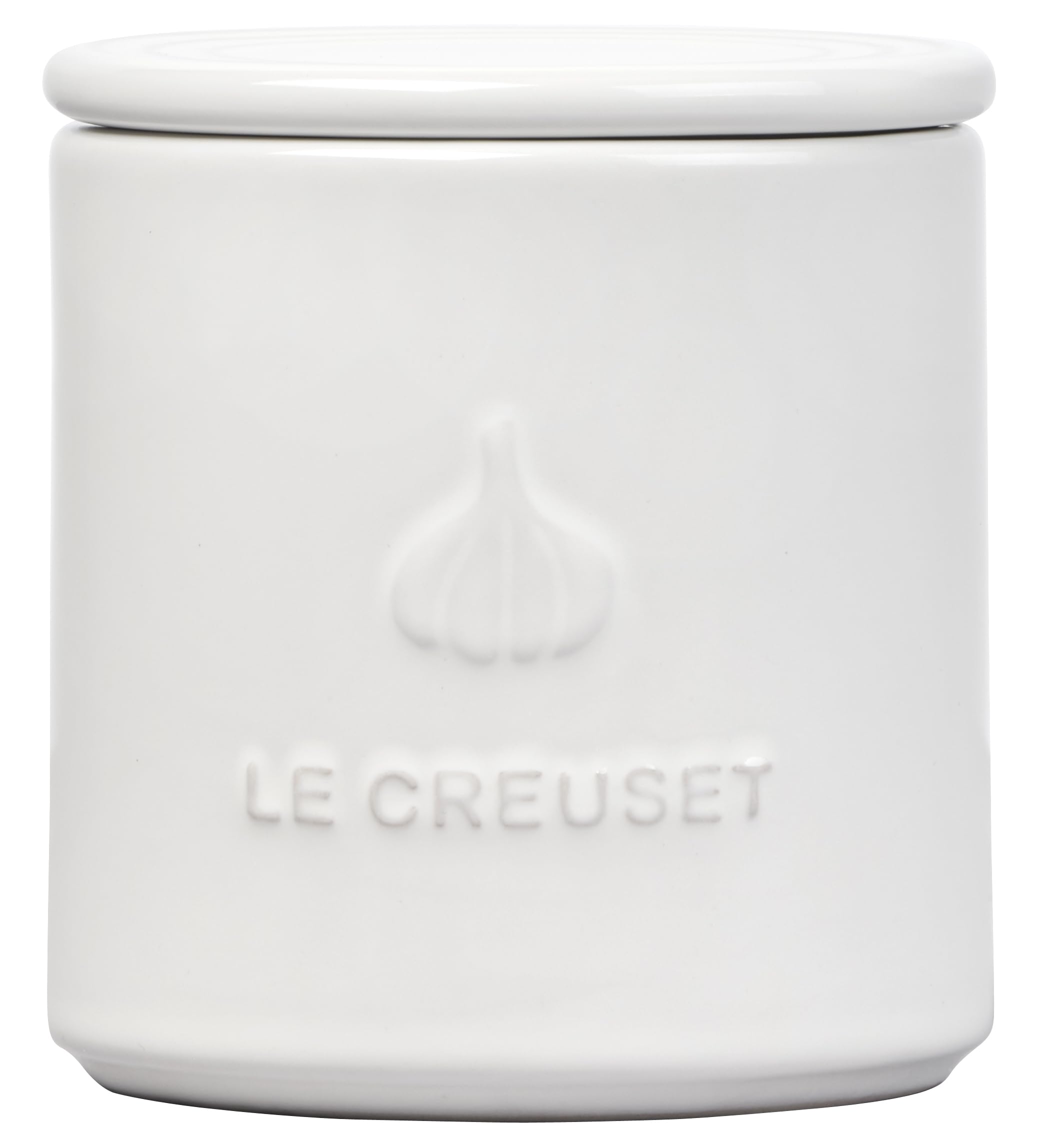 Le Creuset garlic keeper front view on a clean counter for easy access