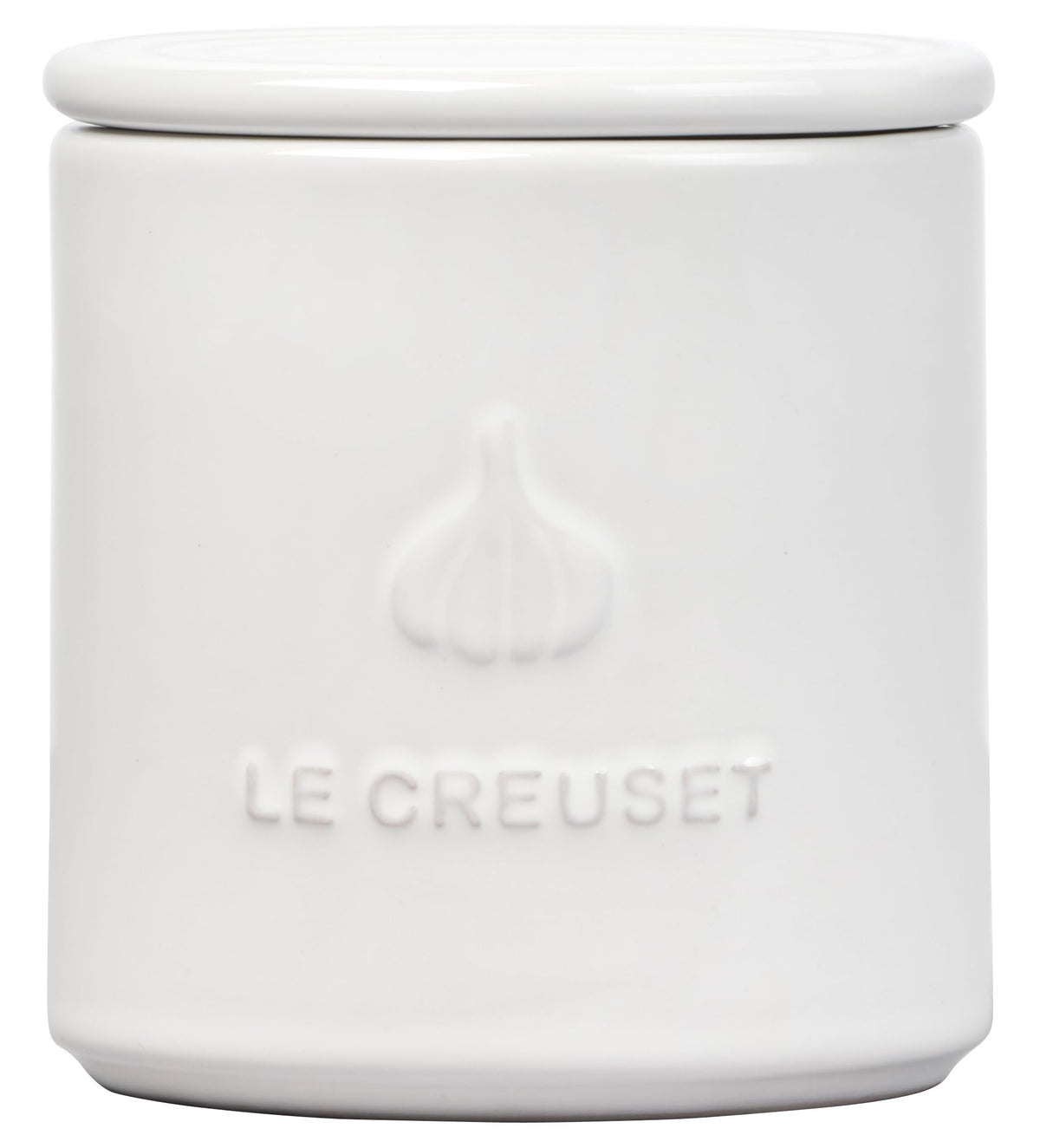 Le Creuset garlic keeper front view on a clean counter for easy access