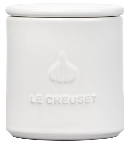 Le Creuset garlic keeper front view on a clean counter for easy access