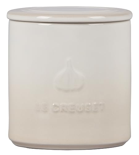 Le Creuset garlic keeper Meringue front view with moisture-resistant finish.