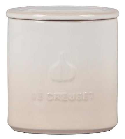 Le Creuset garlic keeper Meringue front view with moisture-resistant finish.