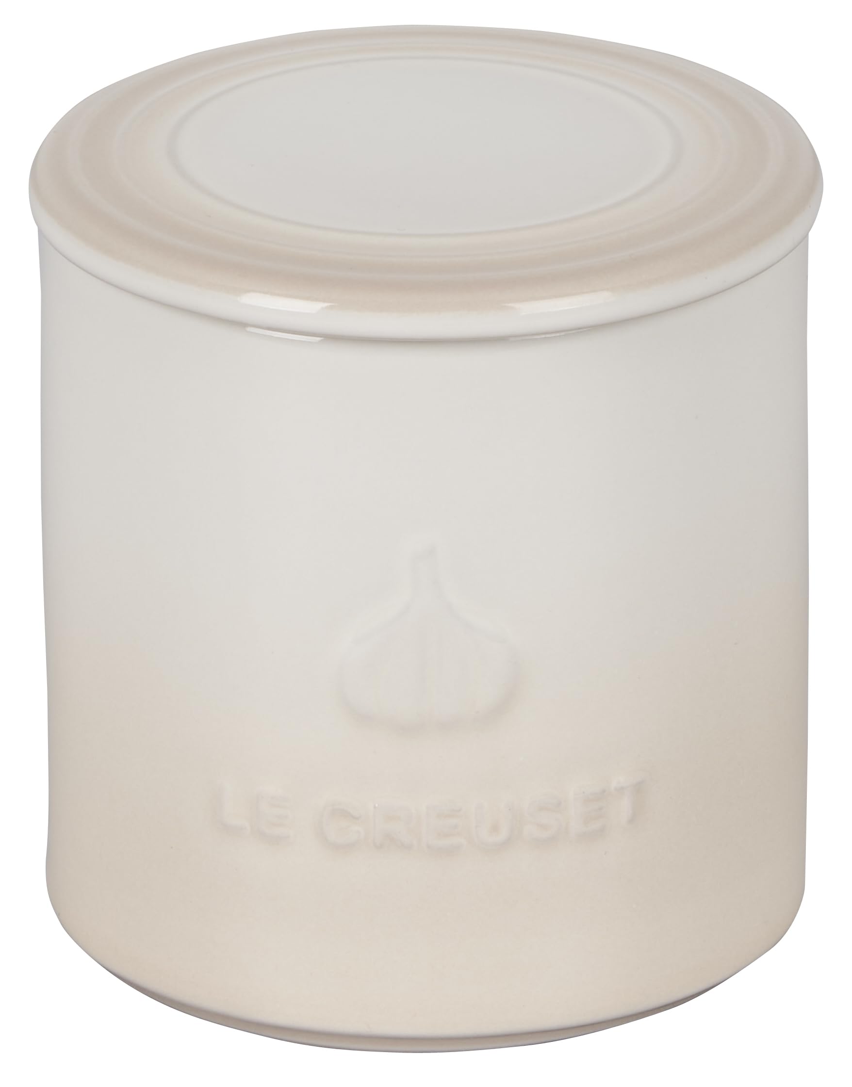 Le Creuset garlic keeper Meringue side view showing durable stoneware.