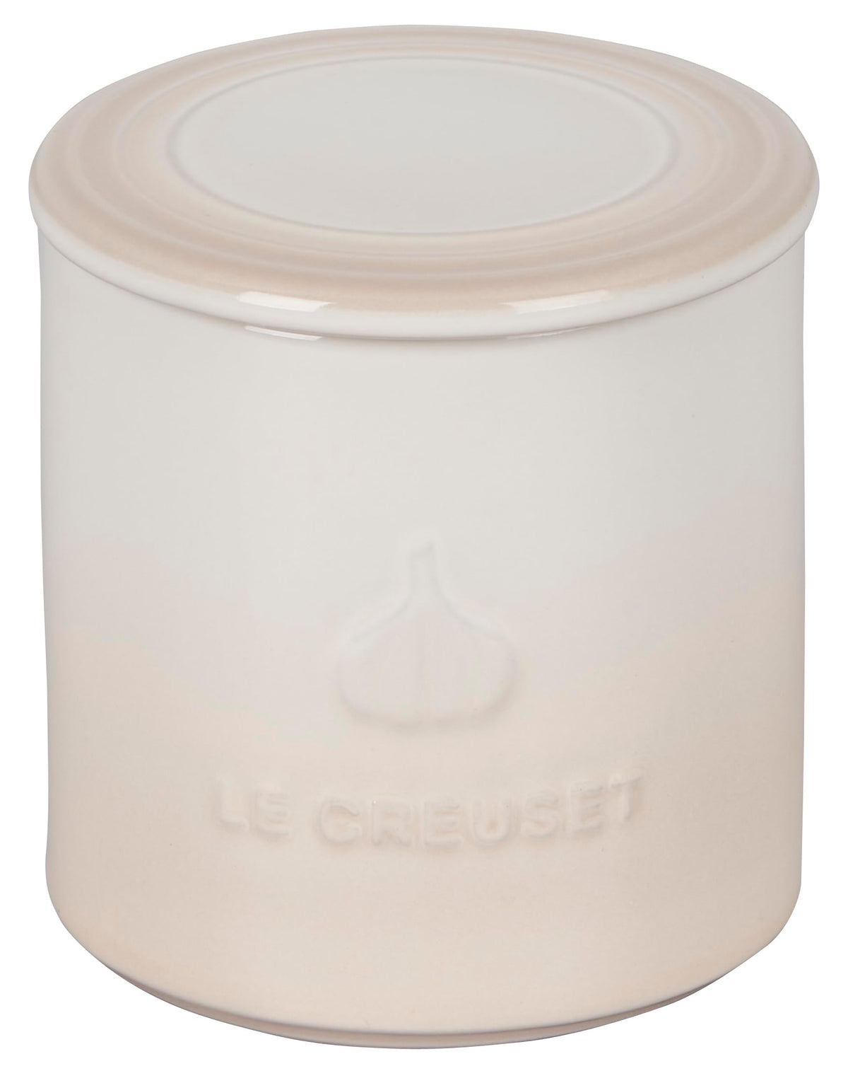 Le Creuset garlic keeper Meringue side view showing durable stoneware.