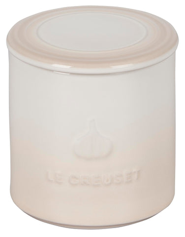Le Creuset garlic keeper Meringue side view showing durable stoneware.