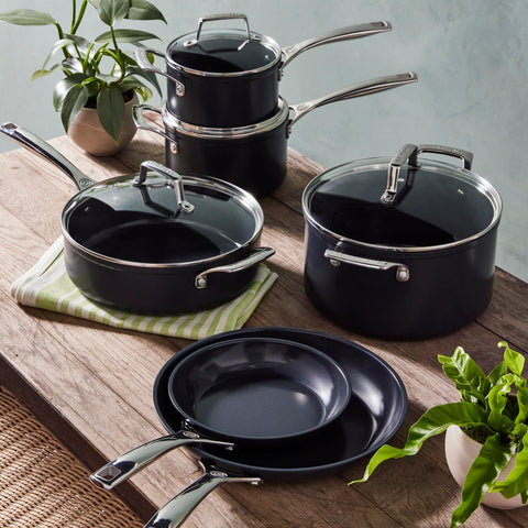 Le Creuset pan with heat-distributing core provides even sizzling.