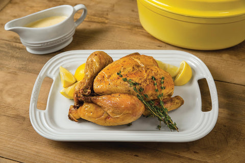 Sturdy stoneware retains heat to keep dishes warm on the table.