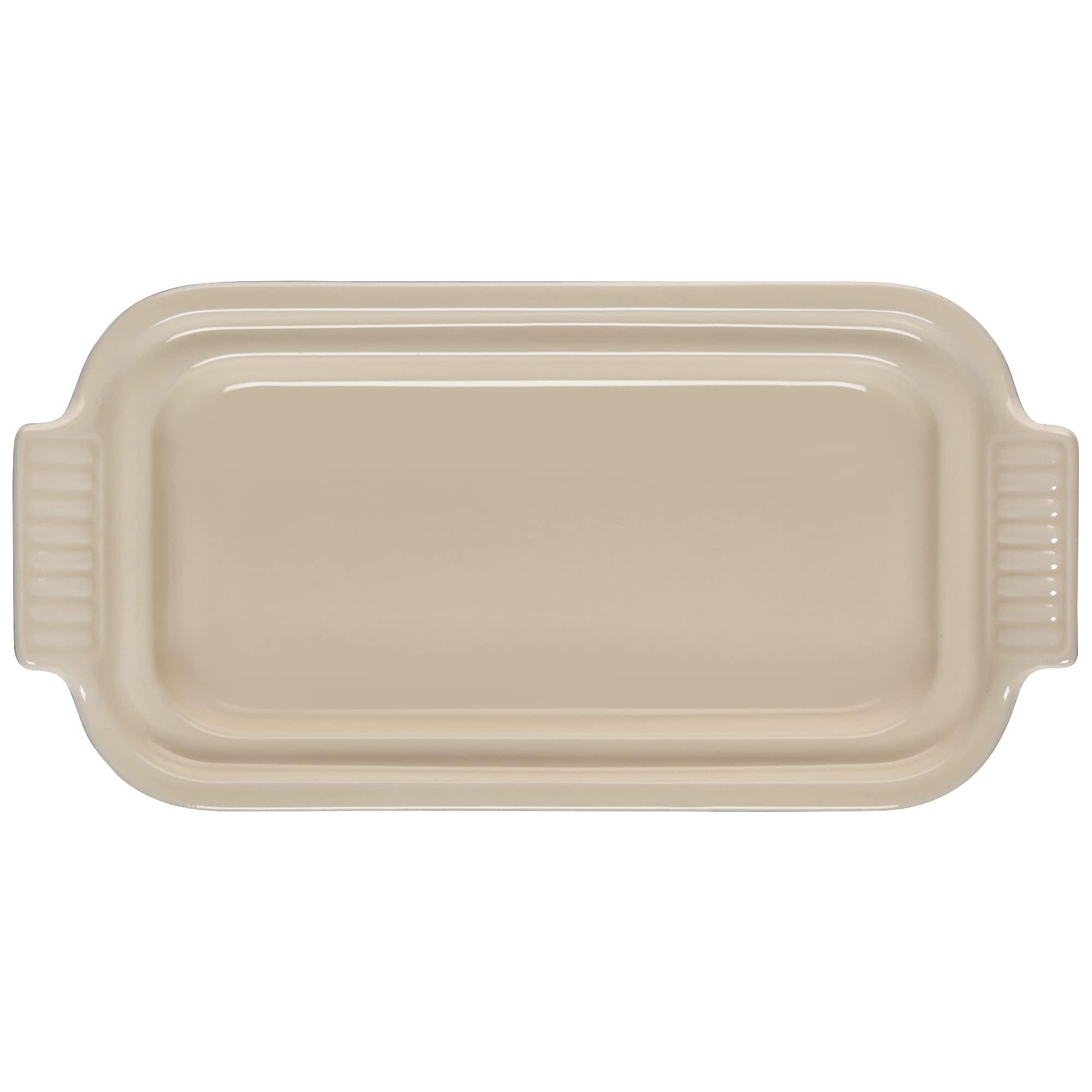 Le Creuset Heritage Butter Dish Marseille, side view, nonporous glaze resists stains and scratches.