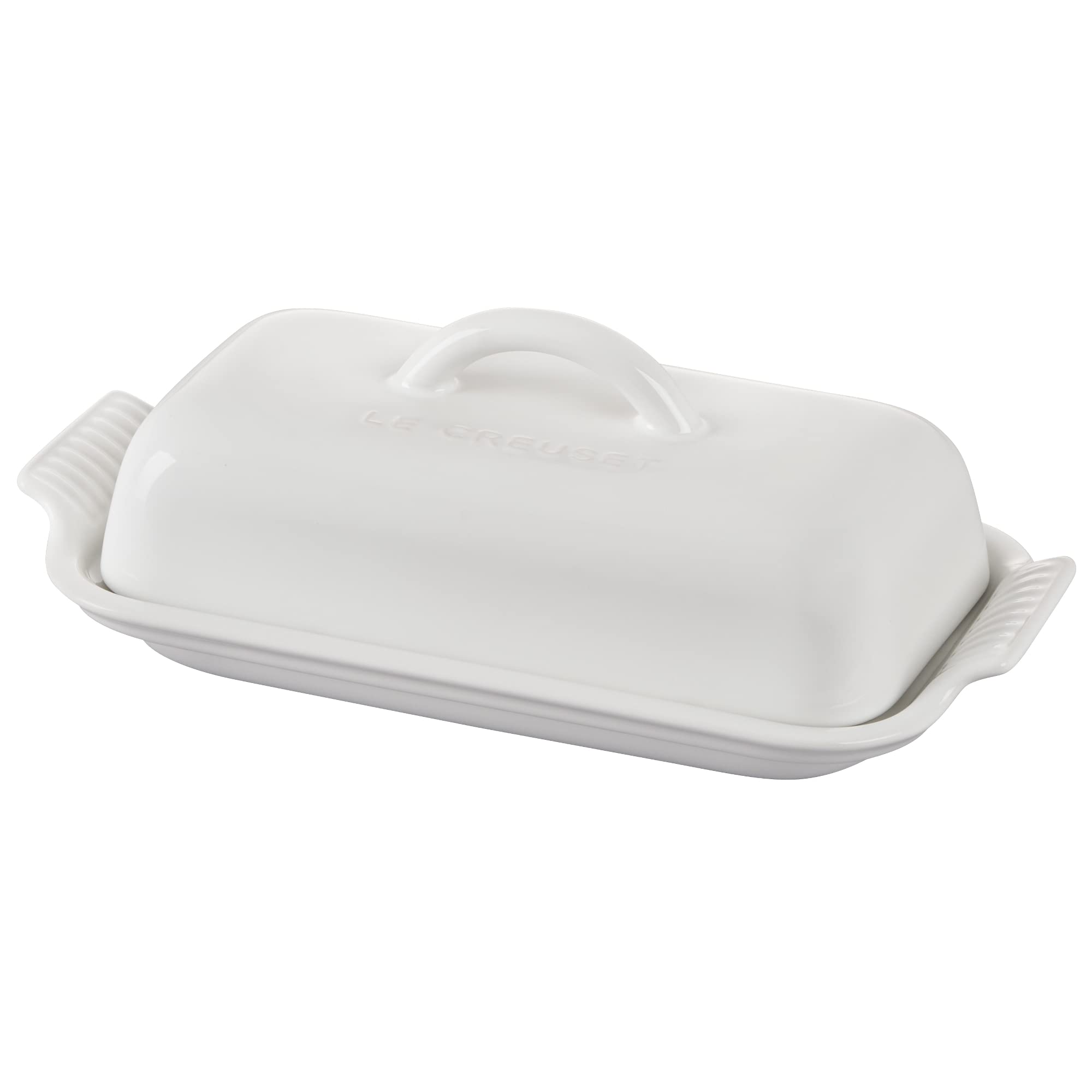 Le Creuset Heritage Butter Dish white, front view showing sturdy stoneware for everyday use.