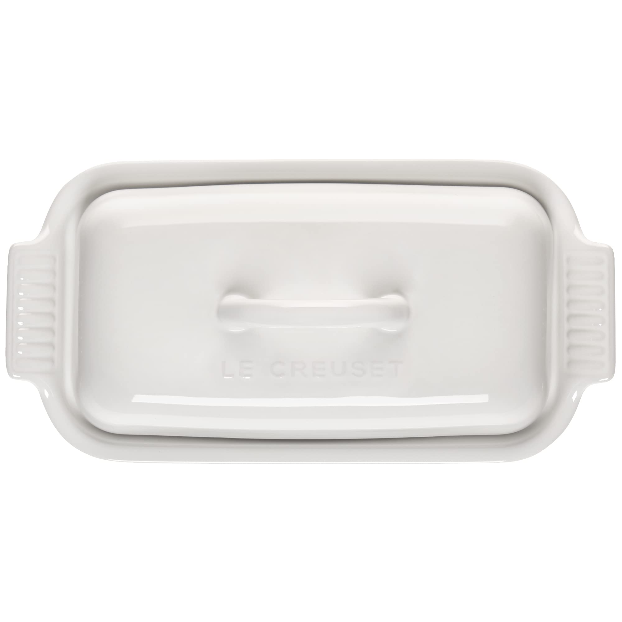 Le Creuset Heritage Butter Dish white glaze closeup highlights nonporous, durable finish.