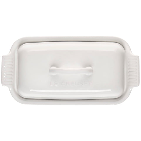 Le Creuset Heritage Butter Dish white glaze closeup highlights nonporous, durable finish.
