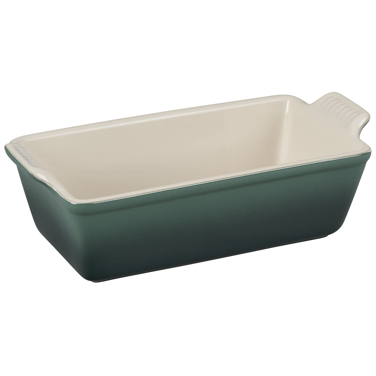 Le Creuset Heritage Loaf Pan Artichaut angle view showing even browning and premium stoneware.