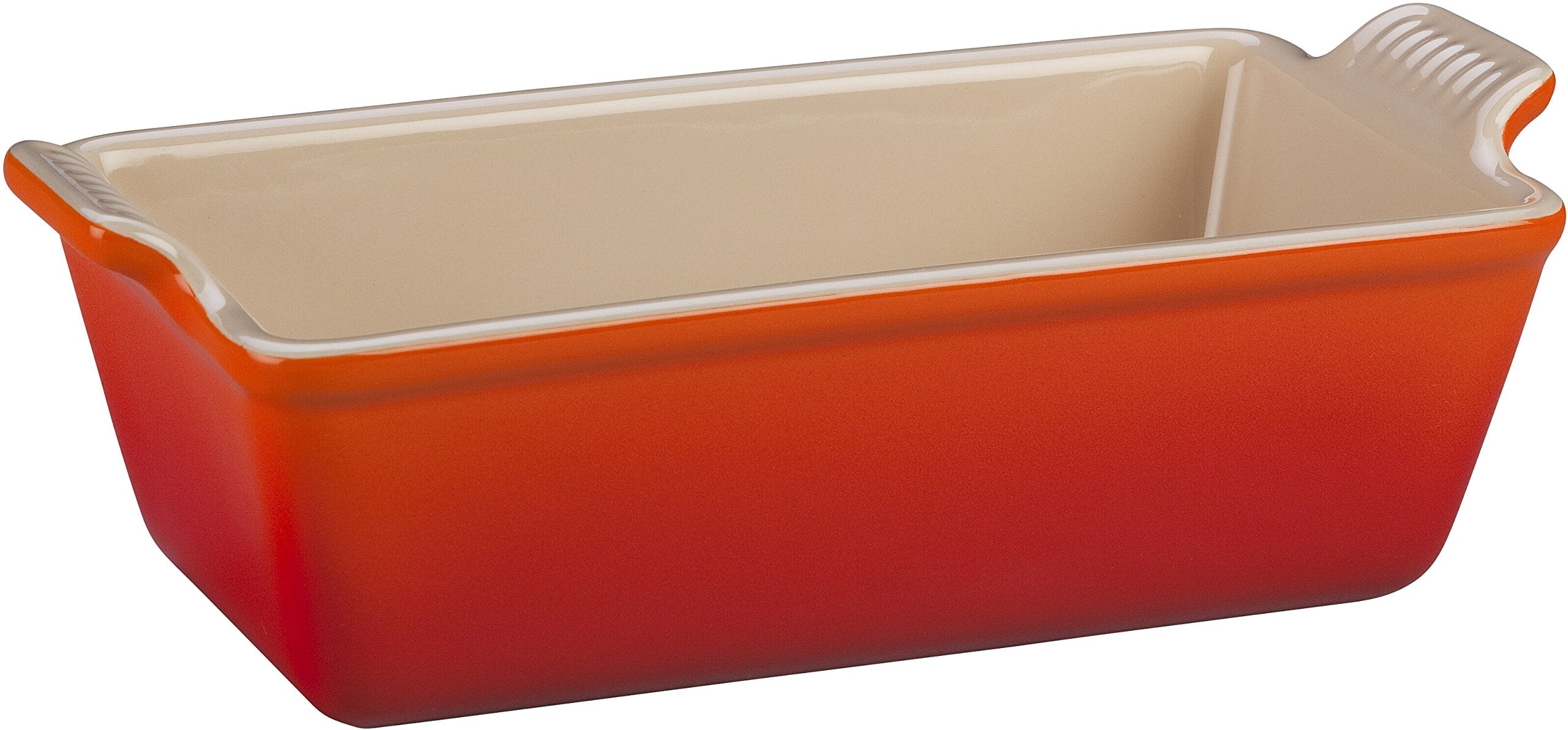 Le Creuset Heritage Loaf Pan in Flame for oven-to-table presentation and even browning.