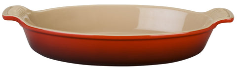 Le Creuset Heritage Oval Au Gratin Dish Cerise, top view showing even heat and browning.