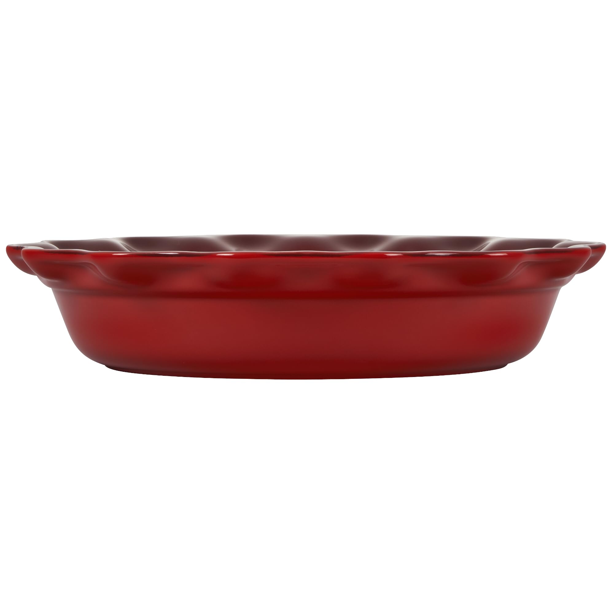 Le Creuset Heritage Pie Dish Cerise close-up emphasizes smooth enamel release.