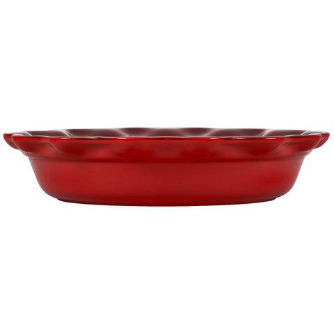 Le Creuset Heritage Pie Dish Cerise close-up emphasizes smooth enamel release.