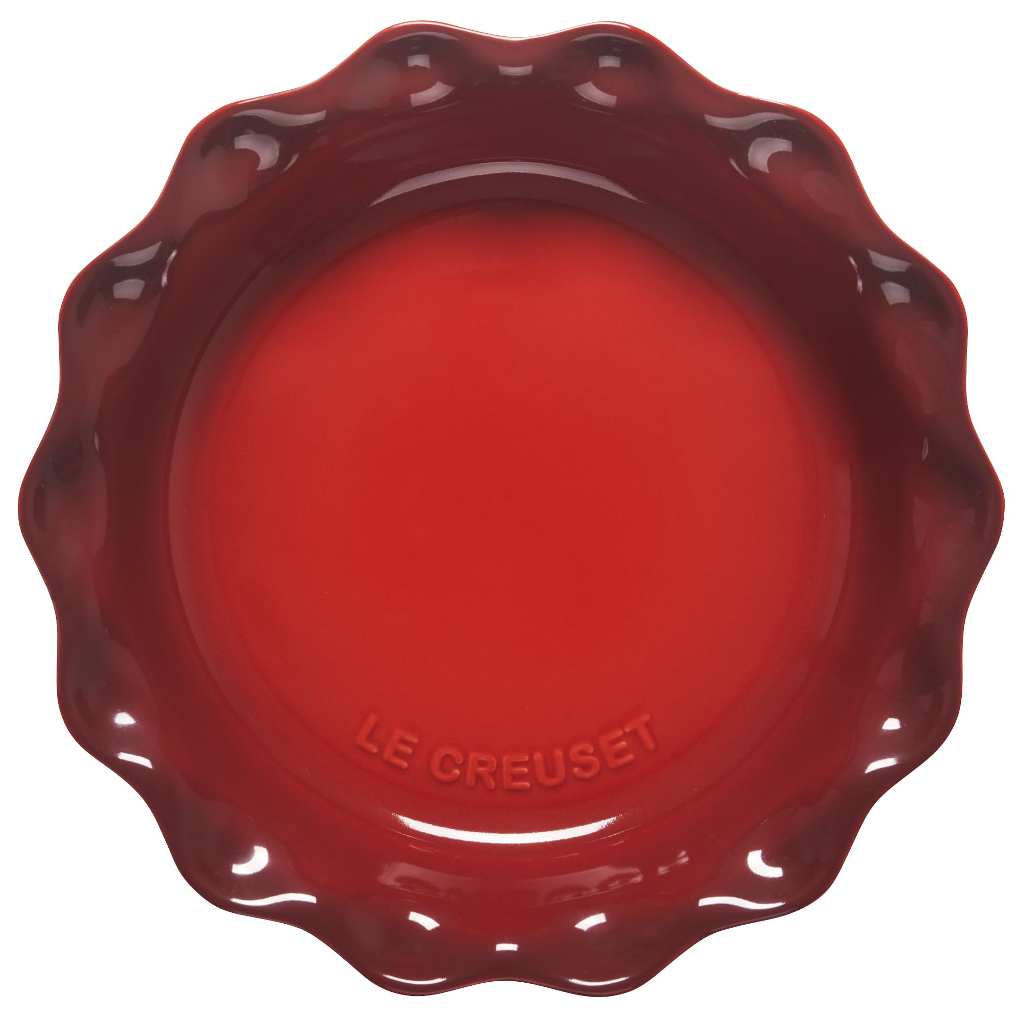 Le Creuset pie dish Cerise side view shows angled walls for easy serving.