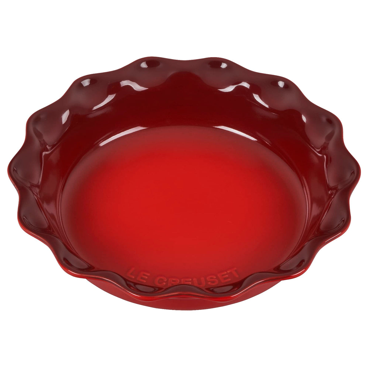 Le Creuset Heritage Pie Dish Cerise top view highlights even browning and elegant presentation.