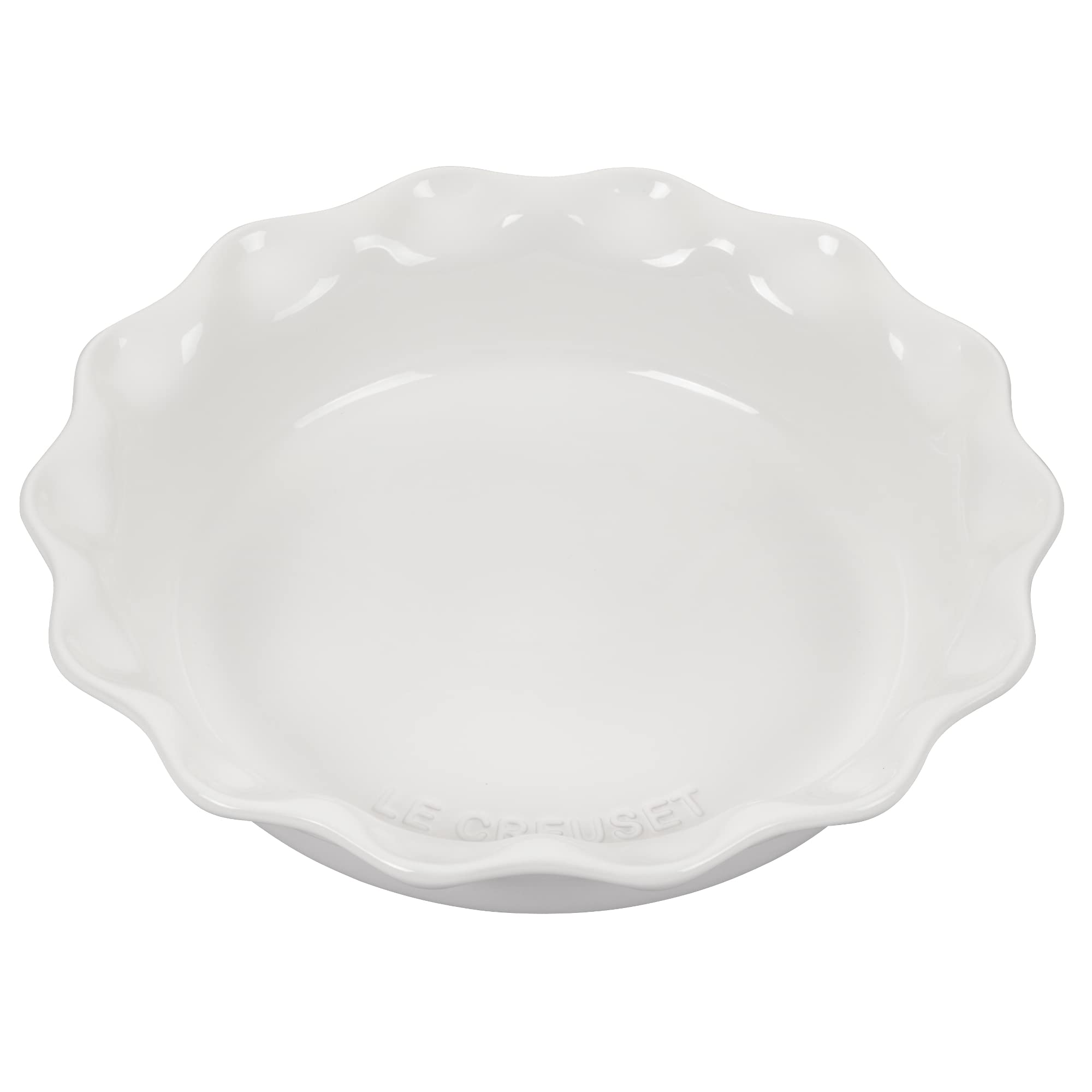 Le Creuset Heritage pie dish white front view highlighting even browning and serving appeal.