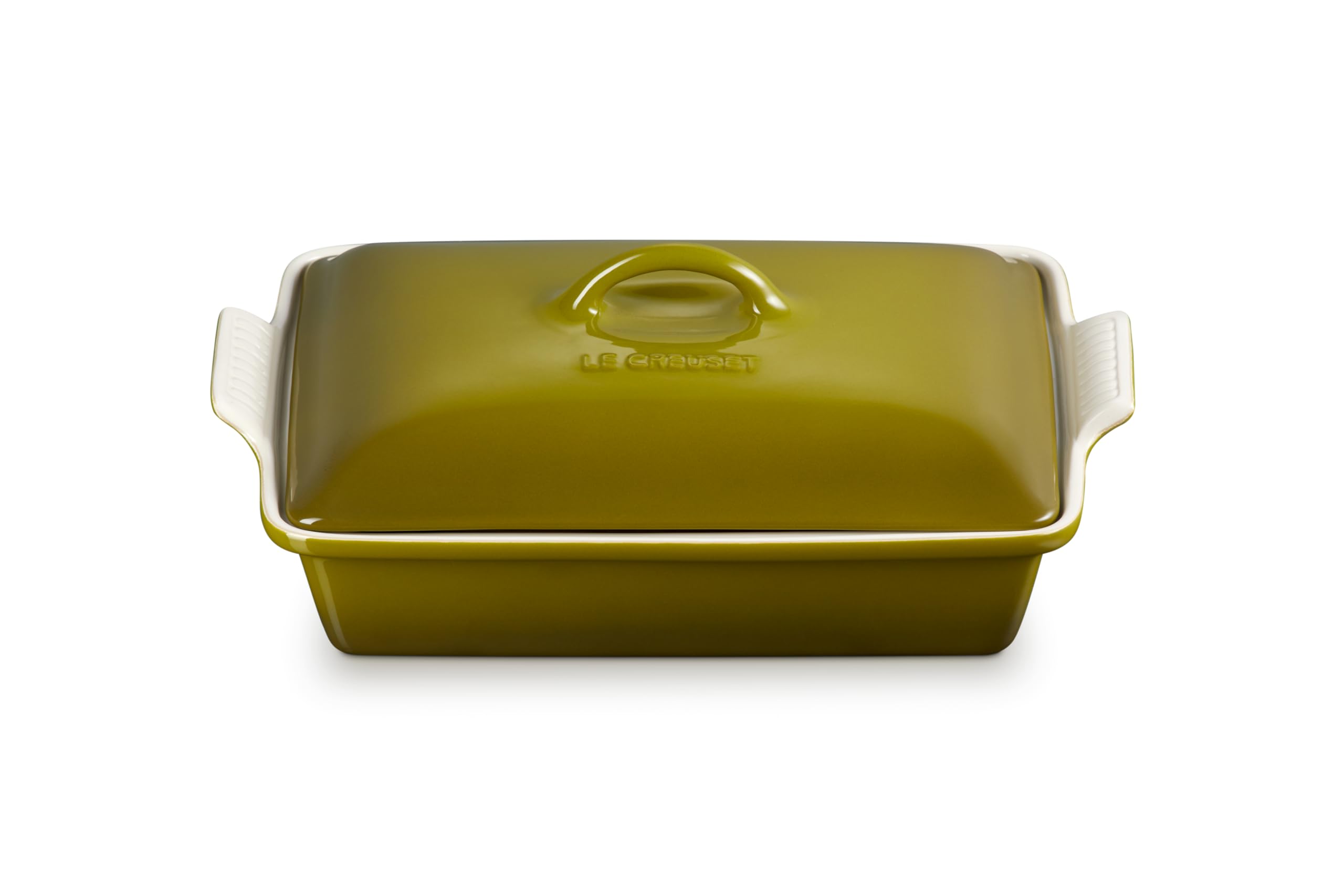 Le Creuset Heritage olive rectangular casserole front view for even browning and stylish serving.