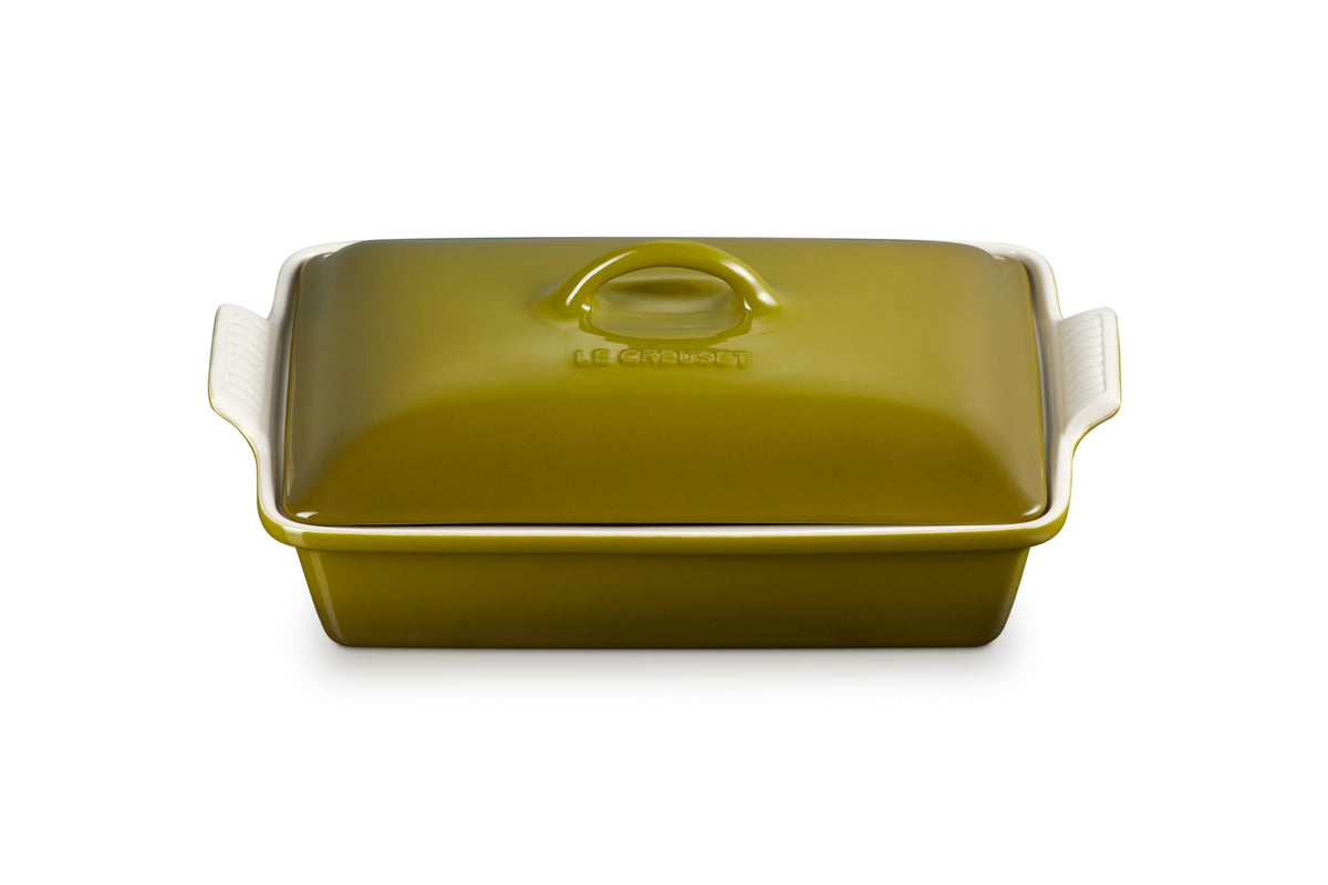 Le Creuset Heritage olive rectangular casserole front view for even browning and stylish serving.