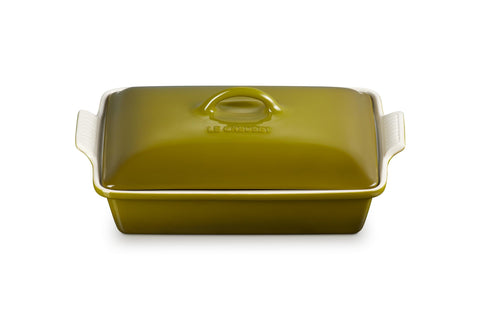 Le Creuset Heritage olive rectangular casserole front view for even browning and stylish serving.