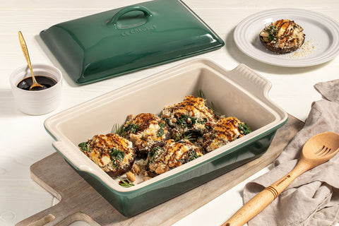 Le Creuset Heritage olive casserole serves family meals with even cooking.
