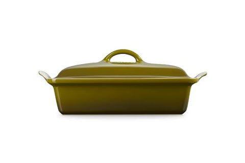 Le Creuset Heritage olive casserole in oven demonstrates reliable heat retention.