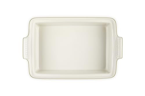Le Creuset Heritage olive casserole interior glaze provides easy food release.