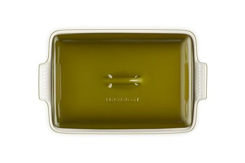 Le Creuset Heritage olive casserole with lid on for moisture and flavor retention.