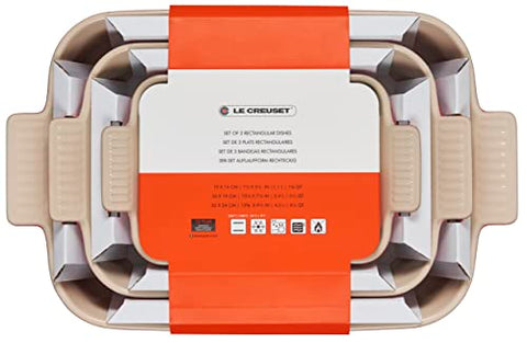 Le Creuset Heritage rectangular set in kitchen cerise glaze enhances bakeware collection