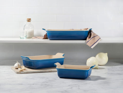 Heritage set displayed on counter highlighting durable stoneware and color