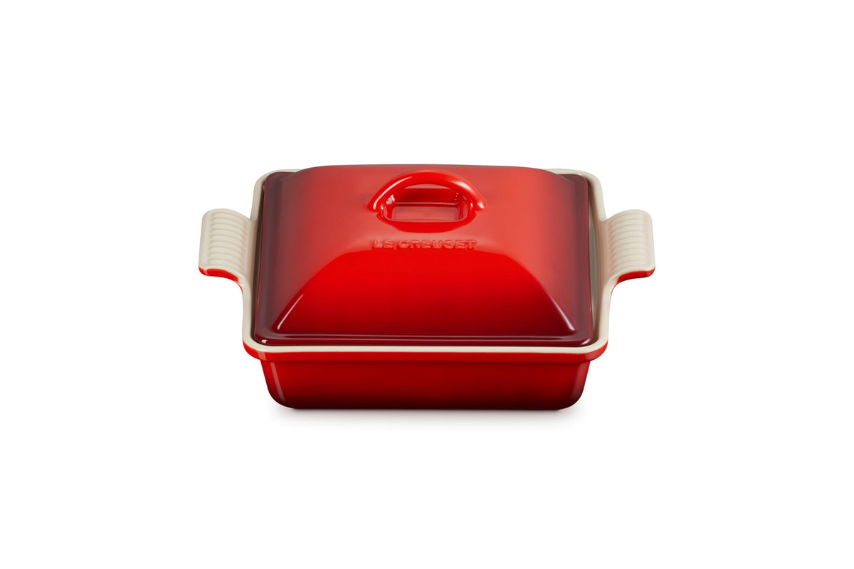 Le Creuset Heritage Shallow Square Casserole Cerise for oven-to-table meals with even browning.
