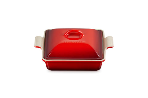 Le Creuset Heritage Shallow Square Casserole Cerise for oven-to-table meals with even browning.