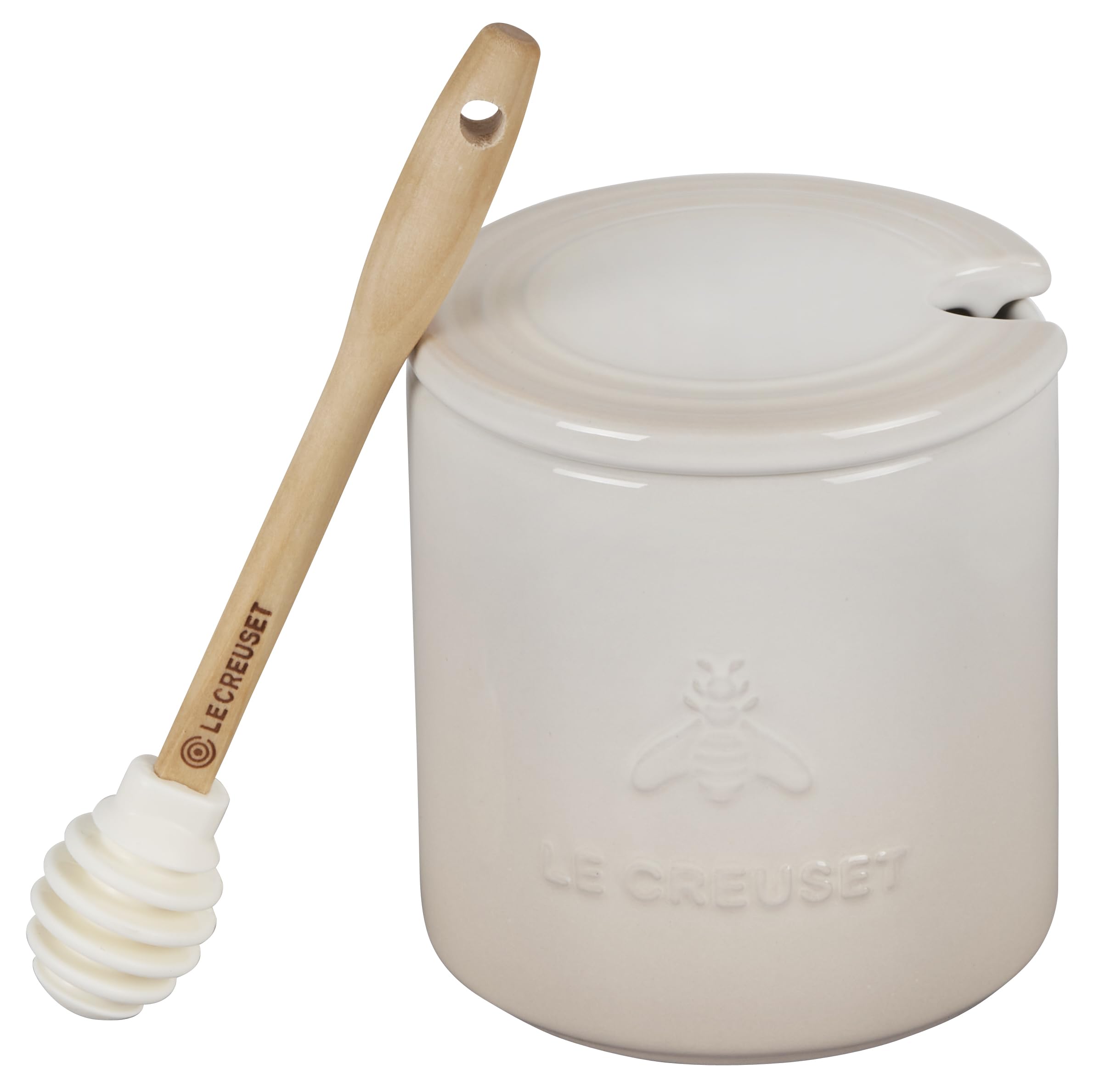 Le Creuset honey pot in Meringue glaze with 14 oz capacity for easy drizzle.