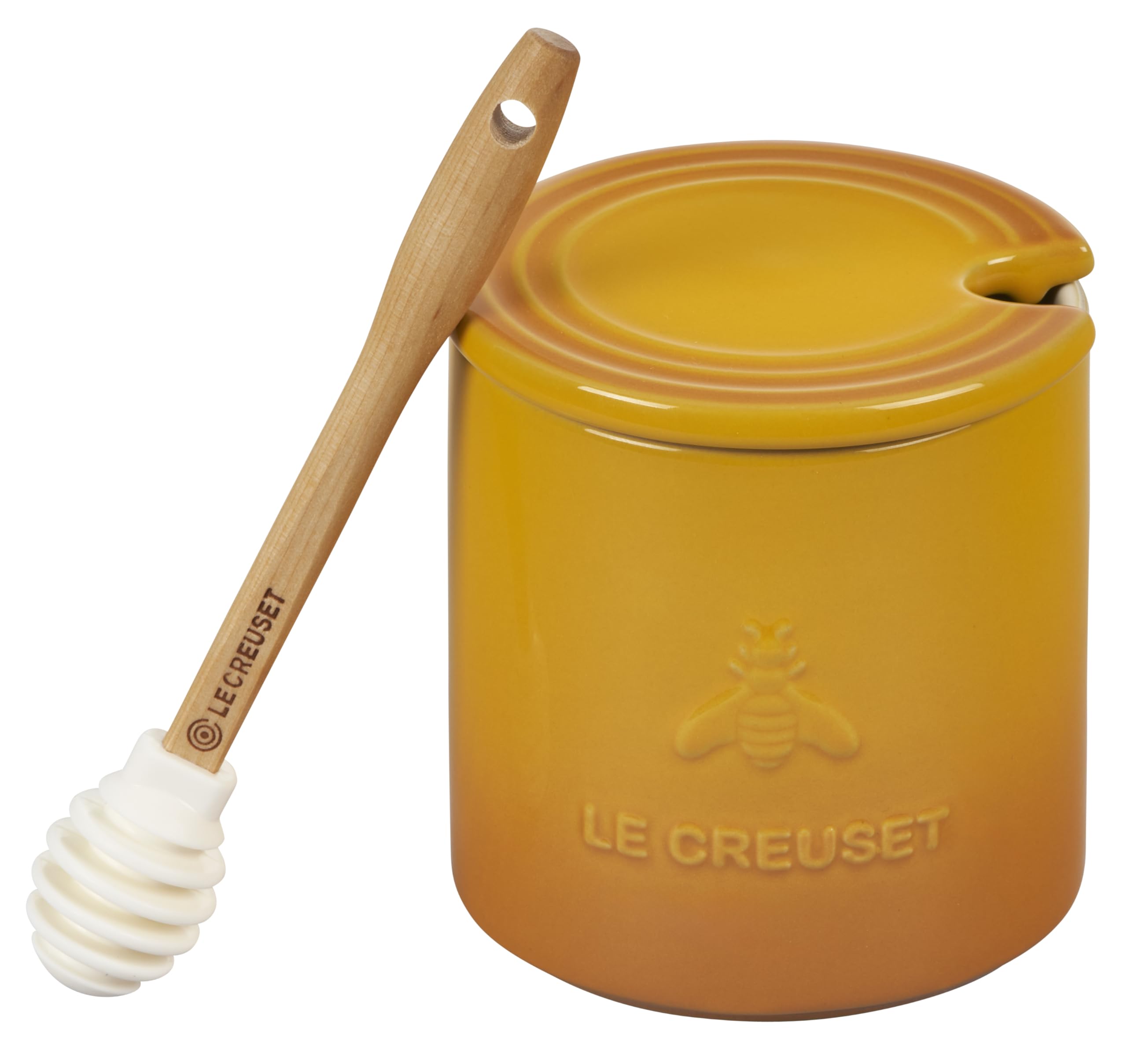 Le Creuset honey pot Nectar glaze close-up for easy honey access.