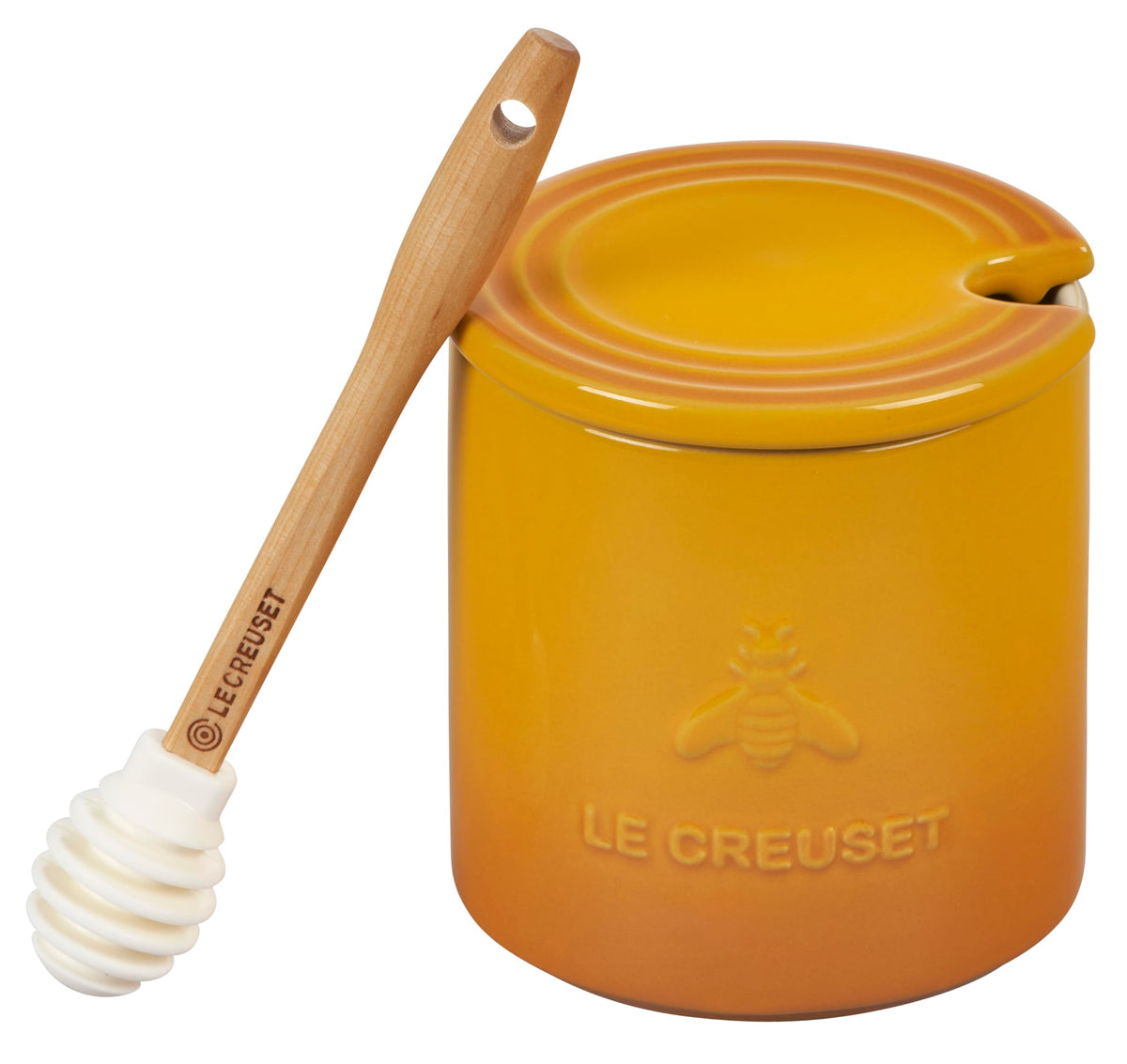 Le Creuset honey pot Nectar glaze close-up for easy honey access.