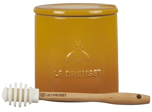 Le Creuset stoneware honey pot with silicone dipper ready for drizzling.