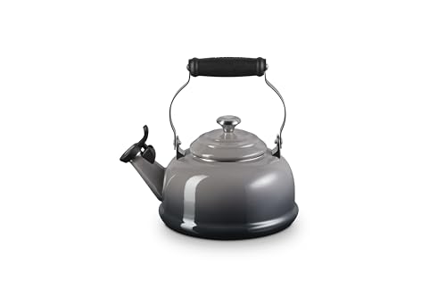 Le Creuset oyster color kettle side view highlighting glossy enamel.