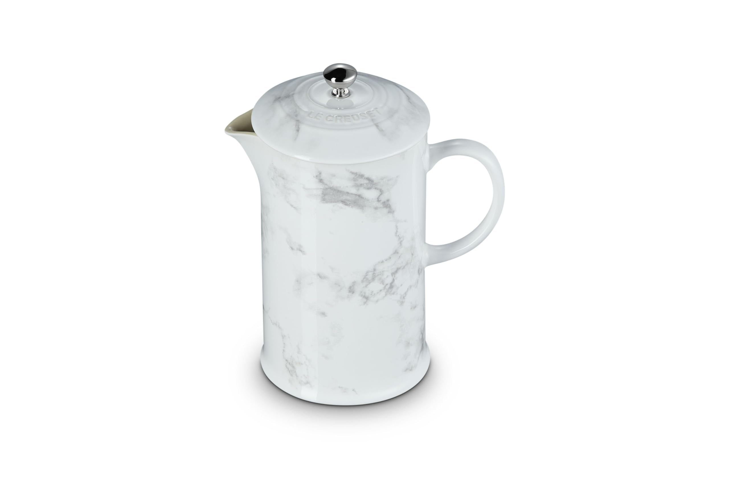 Le Creuset Marble Collection 34oz French Press, front view, heat-retaining stoneware for rich coffee