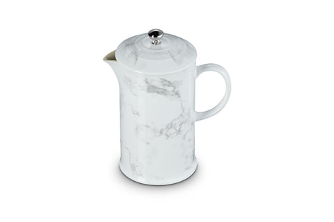 Le Creuset Marble Collection 34oz French Press, front view, heat-retaining stoneware for rich coffee