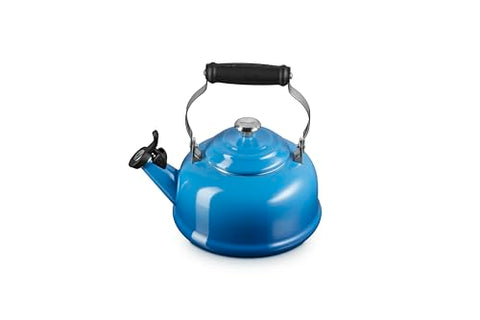Le Creuset Marseille enamel kettle handle and knob highlight durable design for everyday pouring.