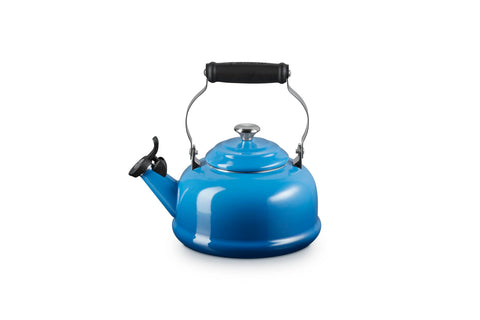Le Creuset Marseille enamel kettle with spout showing fast-boil capability for tea or coffee.