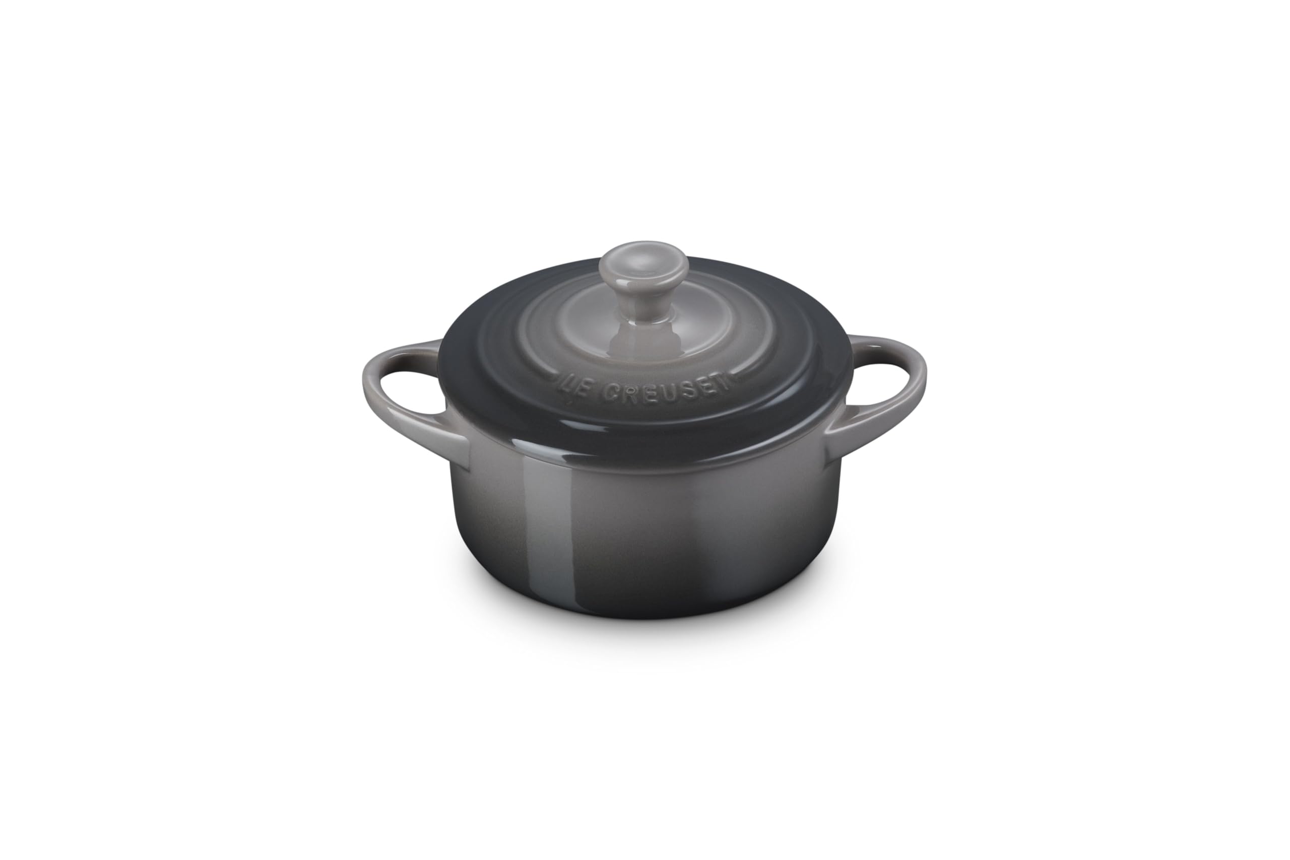 Le Creuset mini round cocotte 14 oz oyster front view, ideal for single portions and elegant plating.