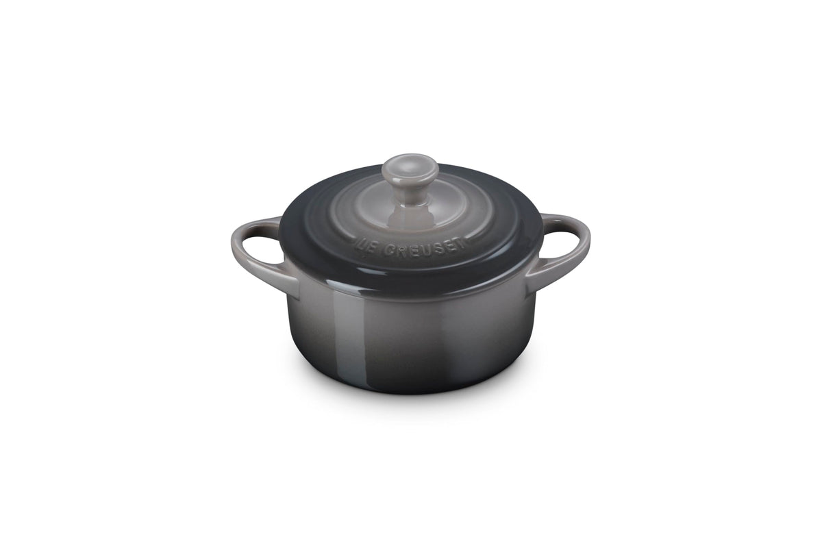 Le Creuset mini round cocotte 14 oz oyster front view, ideal for single portions and elegant plating.