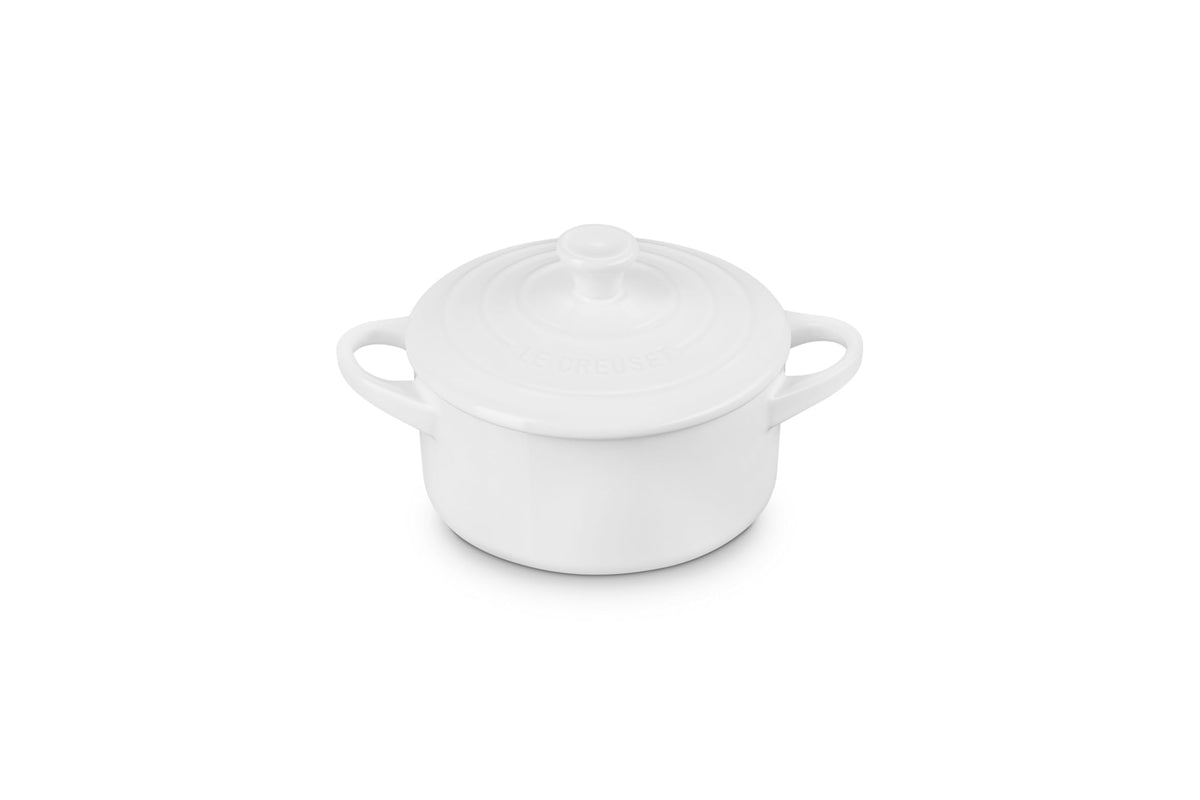 Le Creuset mini round cocotte 14 oz white front view, ideal for individual portions.
