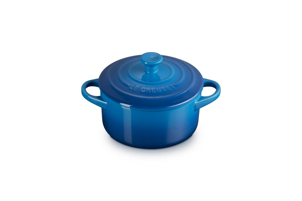 Le Creuset Mini Round Cocotte Marseille lid, ideal for single-serving portions and even browning.