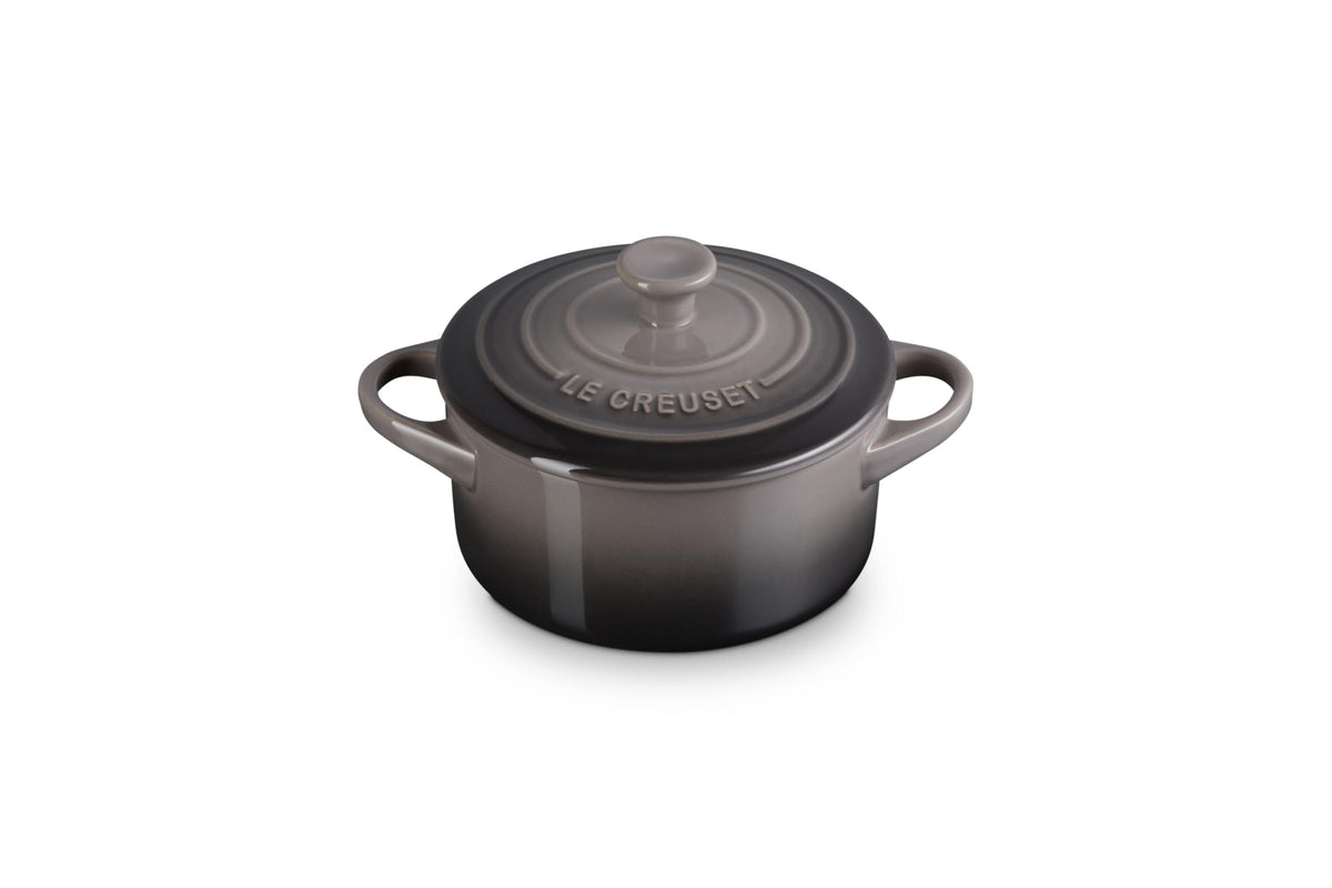 Le Creuset Mini Round Cocotte Oyster glaze close-up with smooth release.