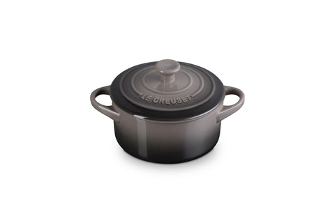 Le Creuset Mini Round Cocotte Oyster glaze close-up with smooth release.